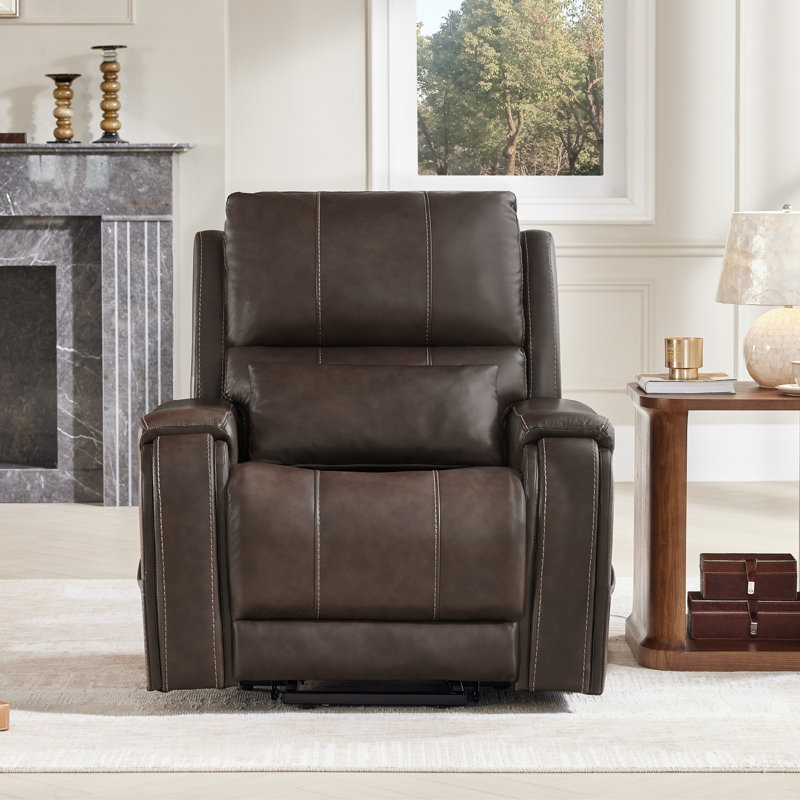 Genuine Leather Power Lift Recliner With Pocket And Lumbar Pillow, Brown