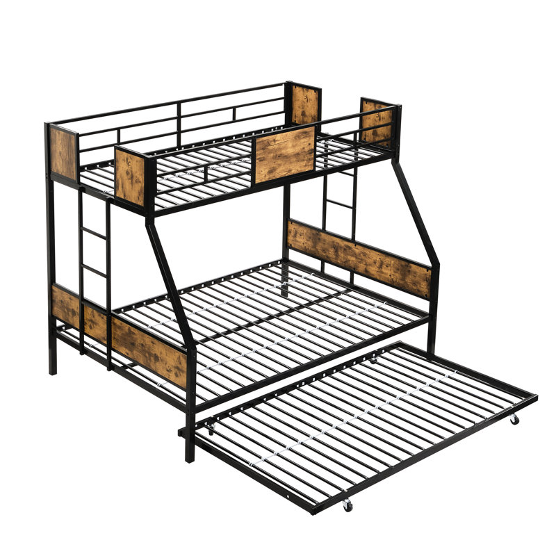 Lit superposé moderne au-dessus d'un lit double en métal avec lit gigogne, fabrication stable et silencieuse, aucun sommier tapissier requis, noir et brun, rangement généreux, sommier robuste facile à assembler, grand espace de rangement,