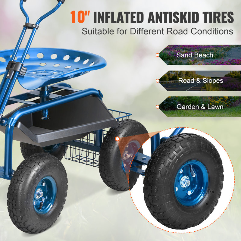 Blue Steel Rolling Garden Work Seat with Swivel and Storage