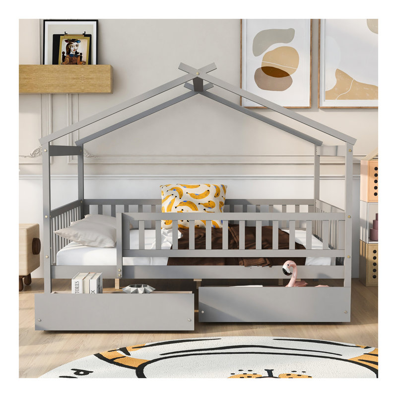Lit double en bois avec deux tiroirs, gris, Gris, Lit double