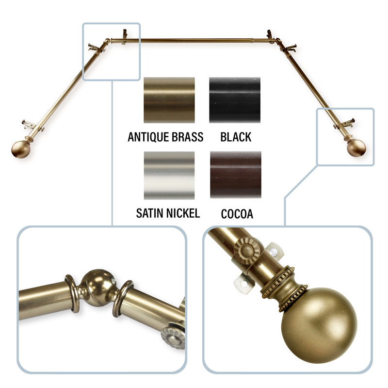 Hatfield Steel Rod/Resin Finials Adjustable Bay Window Single Curtain Rod, Antique Brass