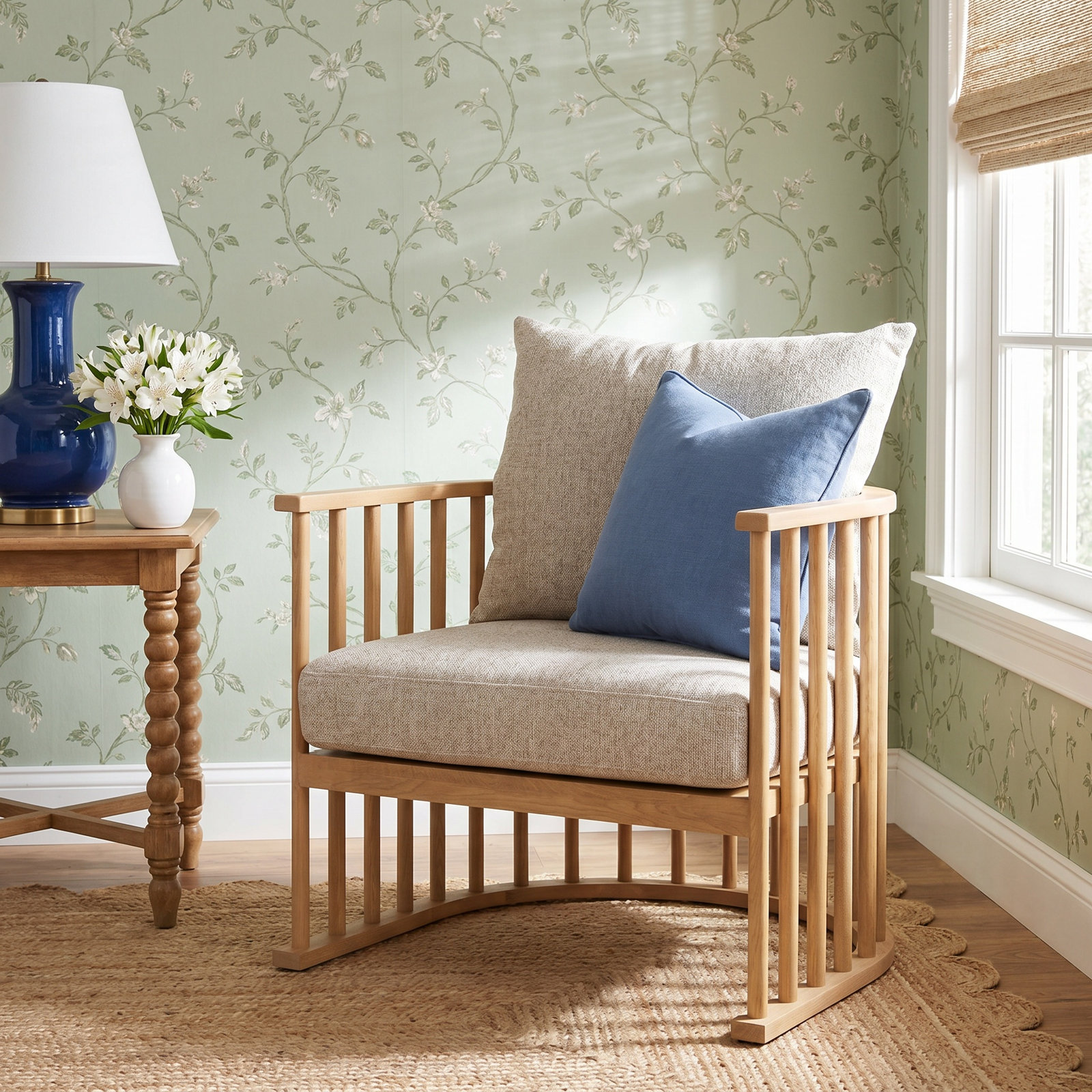 Kathy Barrel Chair, Beige Cotton Twill, Light Brown