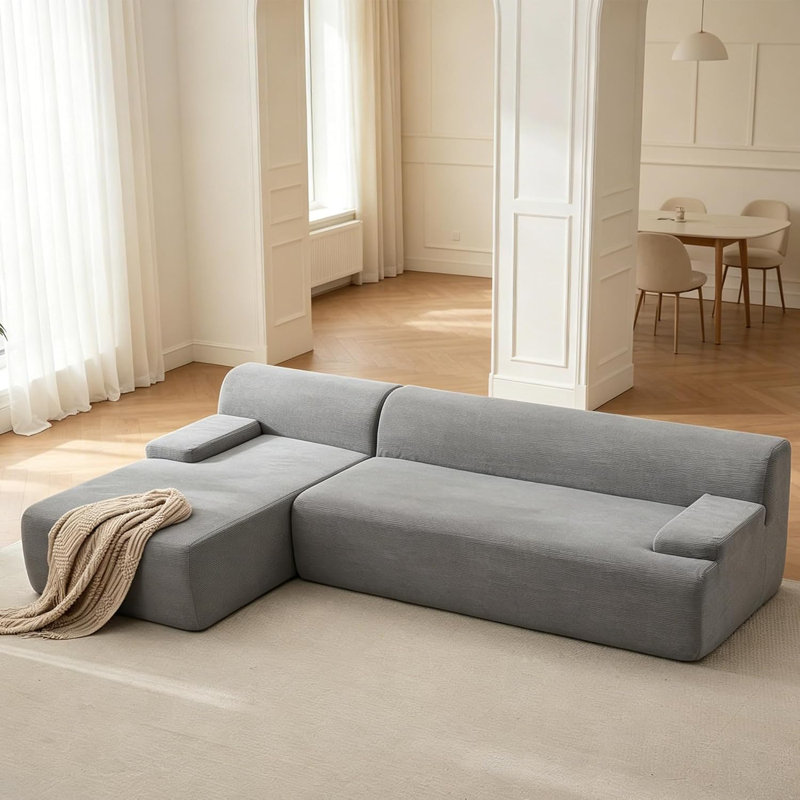 Canapé modulaire en L de 108 po avec méridienne en velours côtelé, sans assemblage, gris