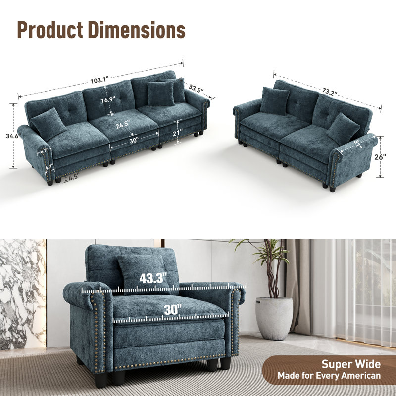 Ensemble de salon 2 pièces rembourré avec canapé et causeuse, canapé modulaire surdimensionné à assise profonde aspect lin avec garniture cloutée