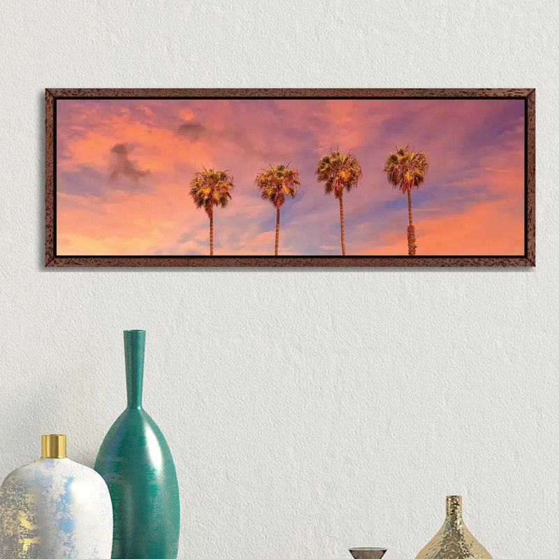 Palm Trees Sunset by Melanie Viola - Panoramic Print on Canvas, 30.48cm H x 91.44cm W x 3.81cm D, Classic Brown Wood Framed