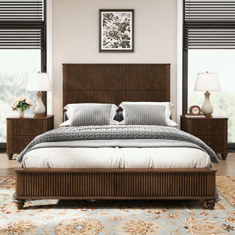 Ensemble de chambre à coucher 3 pièces avec un grand lit et 2 tables de chevet, Noyer, Grand