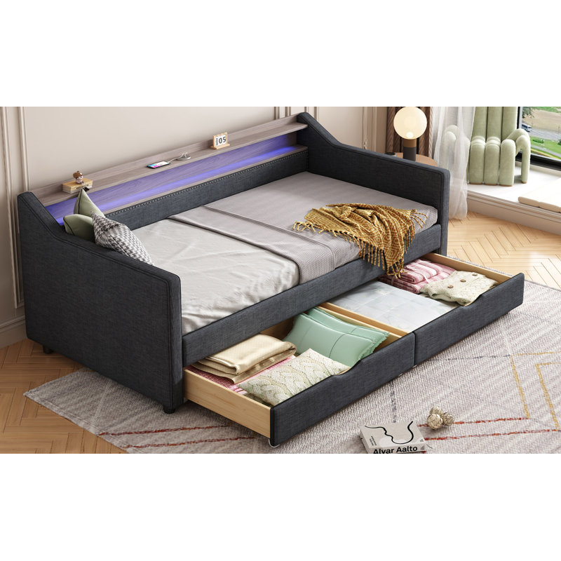 Lit de jour avec 2 tiroirs de rangement et tablette à 2 niveaux et port USB / Type-C, structure de lit de jour rembourrée en lin moderne avec lumière DEL intelligente pour le salon, appartement