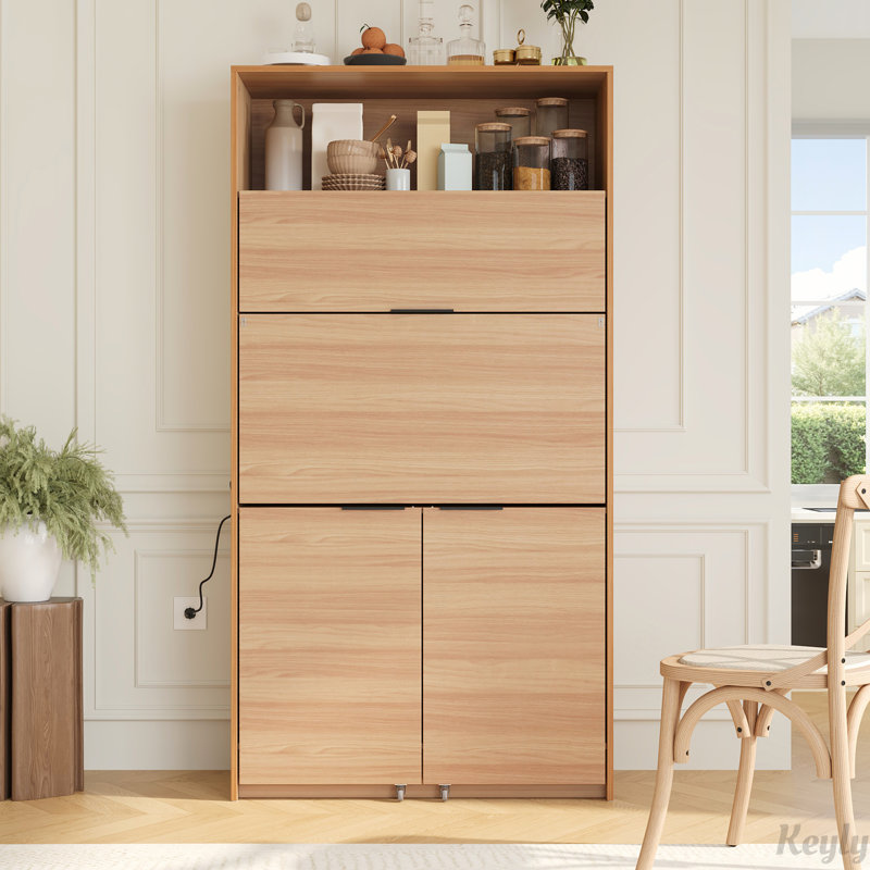 Kitchen Pantry,69''H Buffet with Hutch and Foldable Workstation, Multifunctional Storage Cabinet Cupboard with Adjustable Shelf and Power Outlet for Dining, Living Room