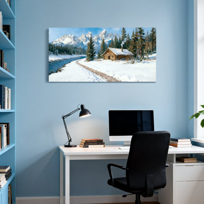 «Landscape & Nature Snowy Mountain Cabin», peinture de paysage d'hiver