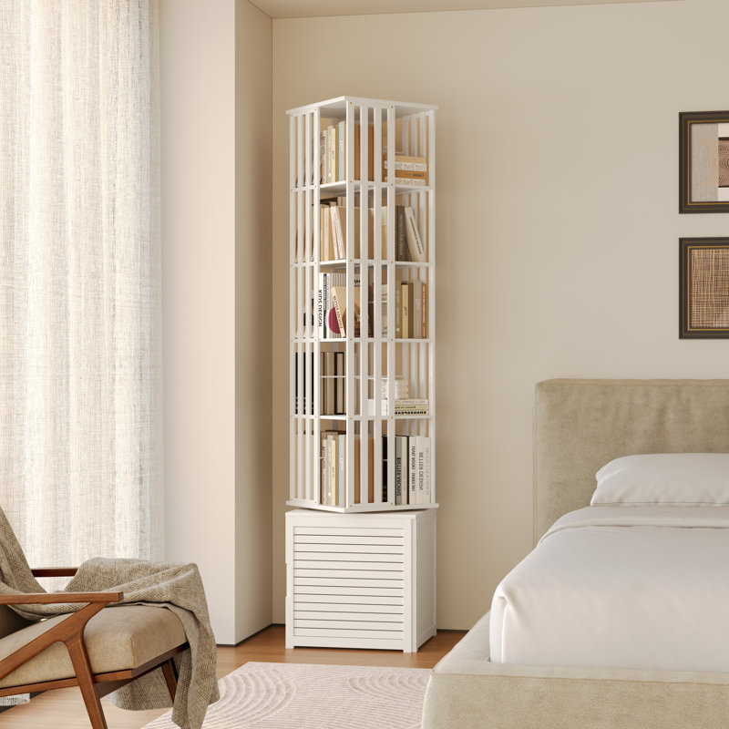 Rotating Bookcase With Storage Cabinet, Bamboo Bookshelf 360° Spinning 7 Tier Tall Narrow Display Tower Shelf, White, White