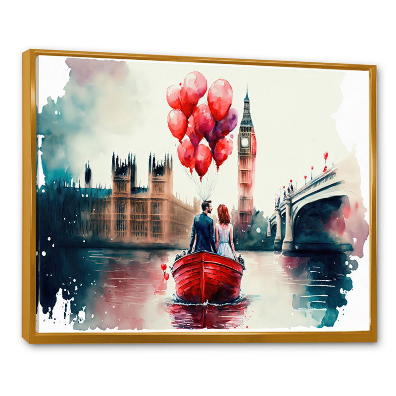 Couple romantique sur l'eau II - Impression sur toile, H 24 po x l 32 po x P 1 po, Toile avec cadre flottant or