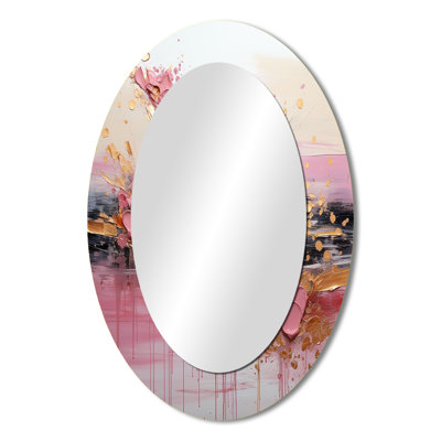 Gold And Pink Modern Liquid Shapes II - Abstract Oval Decorative Mirror On Metal
