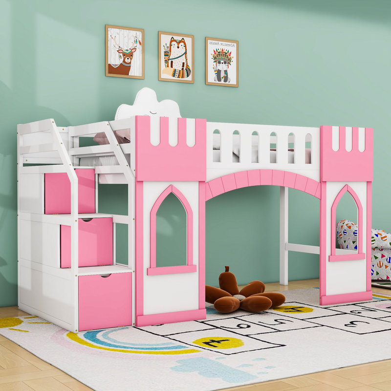 Lit mezzanine simple avec escalier de rangement et fenêtres, Rose