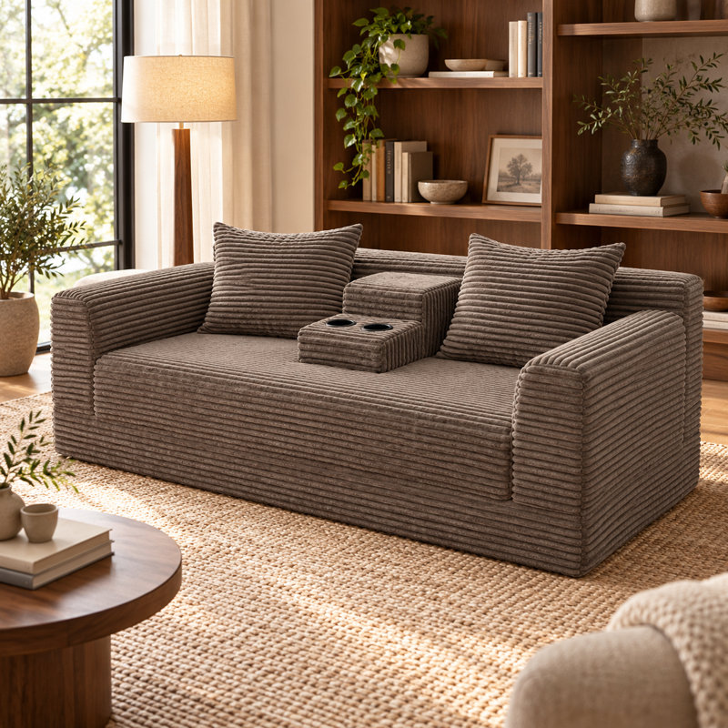 Canapé-lit de plancher convertible en velours côtelé de 72 po de large Orelvansique avec console porte-gobelet amovible et 2 coussins décoratifs