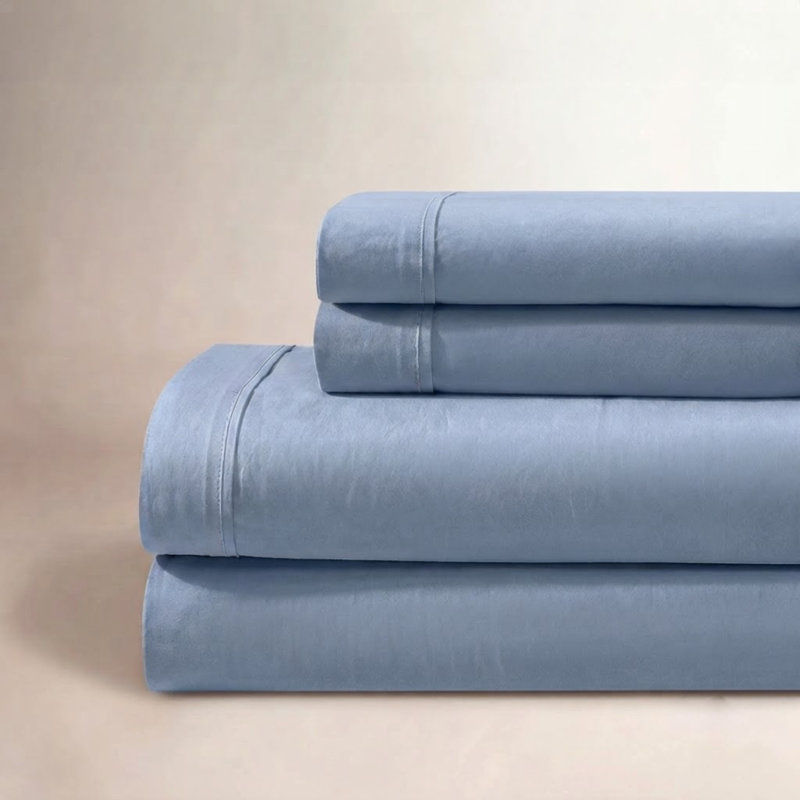 Calvin Klein Washed Cotton Percale Sheet Set, Queen Sheet Set with 2 Pillowcases, Blue