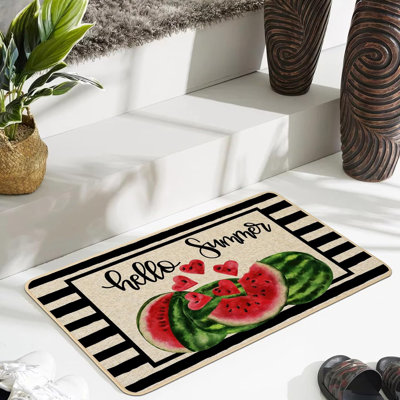 Paillasson Hello Summer Watermelon Tapis d'entrée extérieur à rayures noires à motif de fruits frais en été Tapis de porte antidérapant en caoutchouc pour l'entrée de cuisine saisonnière 17 po x 29 po