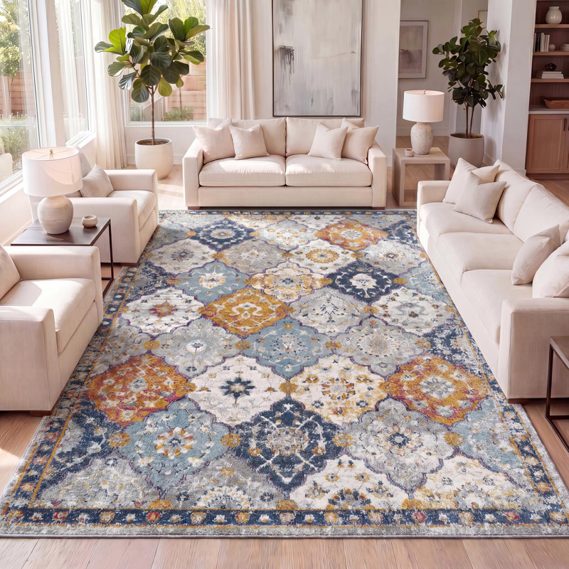 Tapis gris clair / bleu / orange Kirman, Rectangle 8 pi 9 po x 12 pi
