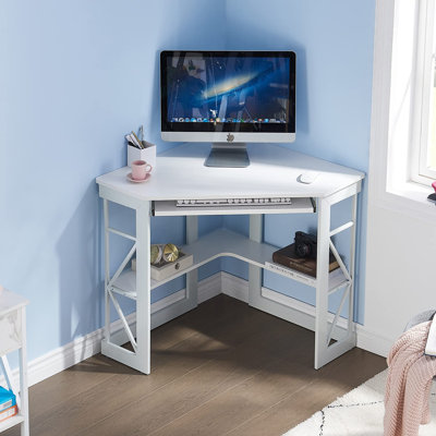 Bureau en coin Lambrecht avec tablettes de rangement, bureau d'ordinateur triangulaire avec plateau à clavier et étagères pour petits espaces, bureau d'écriture compact à 90 degrés pour bureau d'ordinateur personnel, salon, chambre à coucher