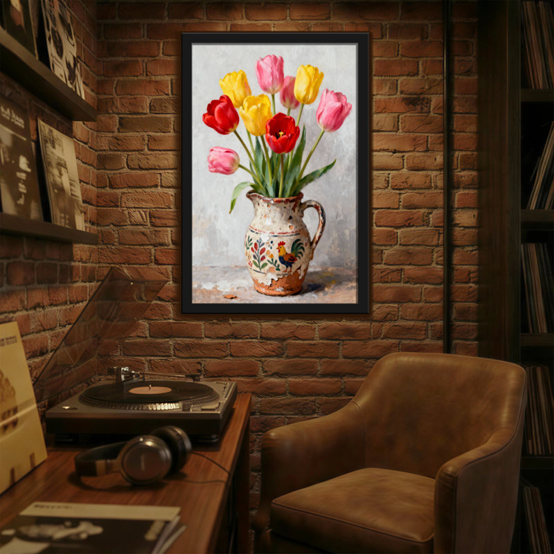 Plantes et fleurs tulipes en pot en céramique avec motif de coq