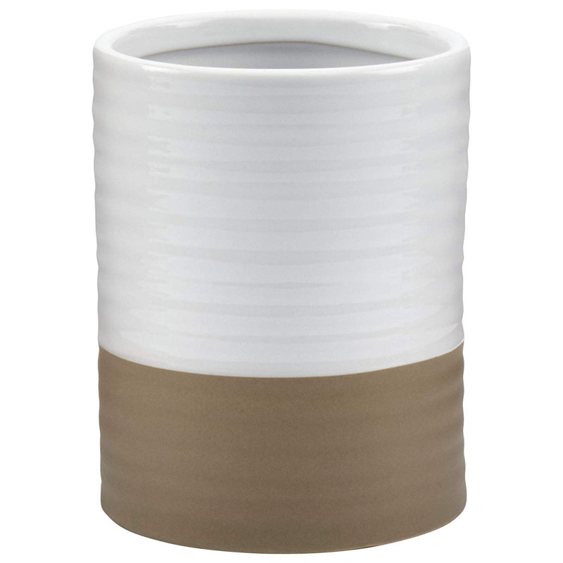 White and Brown Ceramic Utensil Holder with Bamboo Tools