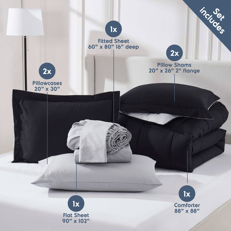 Bed-in-A-Bag Reversible Comforter Set with Bed Sheets, Black, Queen Comforter + 7 Additional Pieces