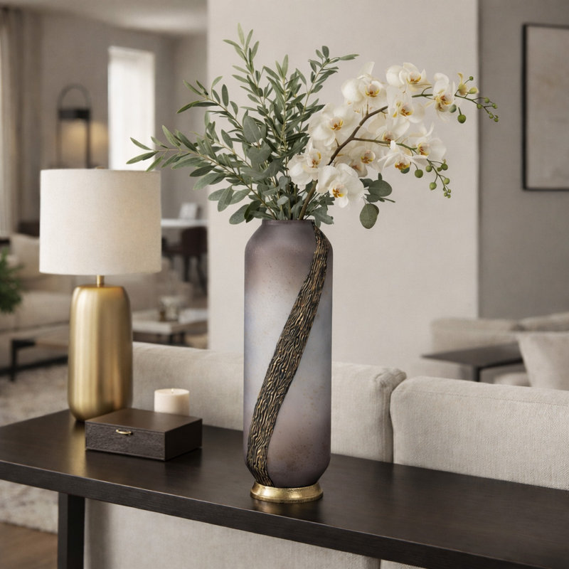 Textured Cylindrical Glass Flower Vase with Base for Home Decor - Decorative Tall Table Vase for Living Room Display - Pink & Gold