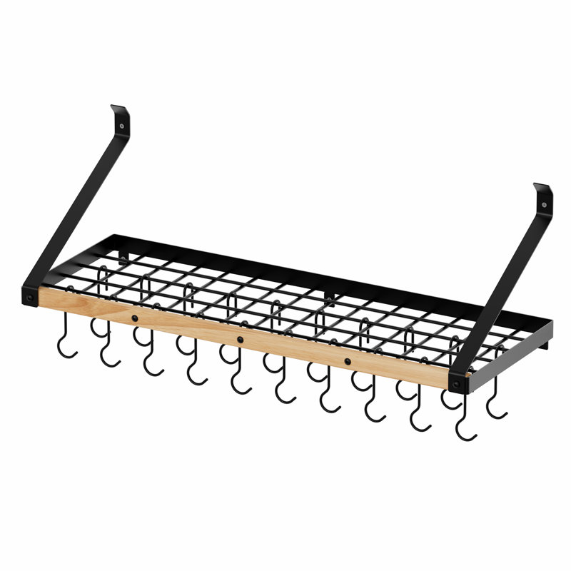 34 Inch Wall Mount Pot Rack With 20 Sturdy Hooks Solid Wood Pot and Pan Hanger Organizer  Matte Black