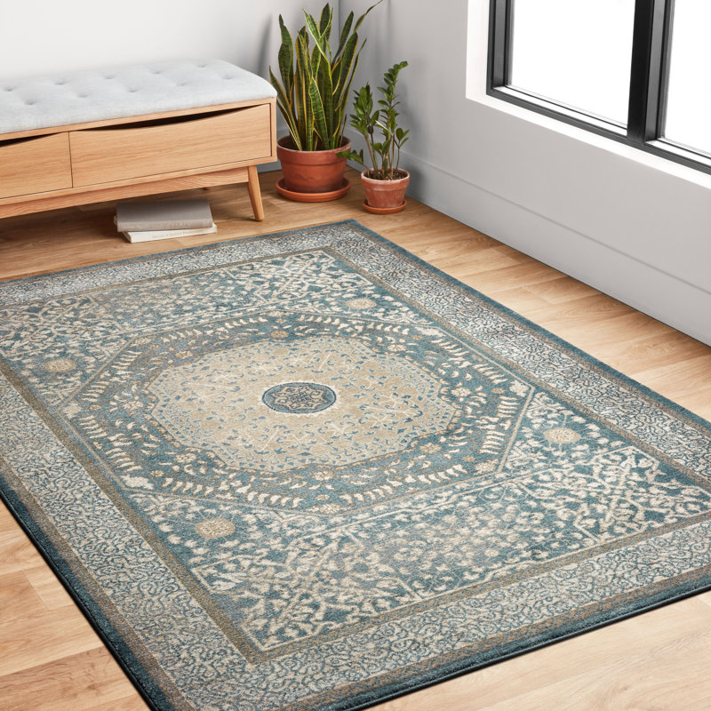 Tapis oriental bleu / sable Adelbert, Rond 7 pi 7 po