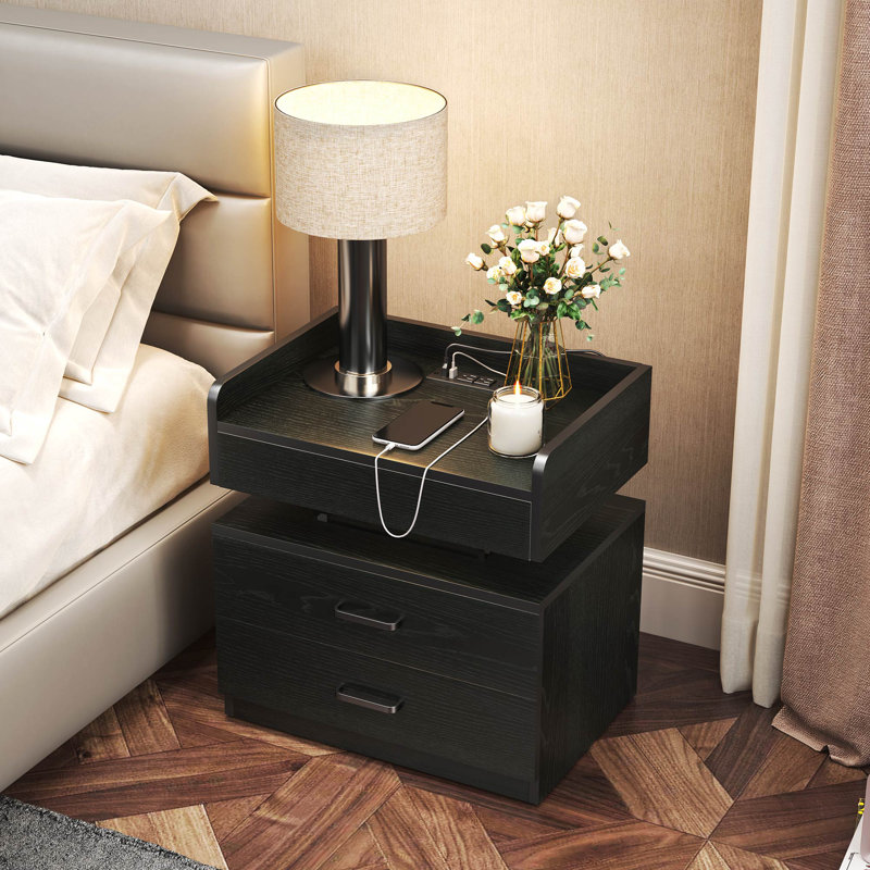 Salmeron RGB LED Light Nightstand End Side Table with Charging Port USB, Black