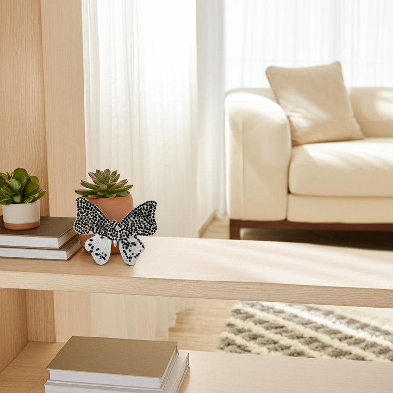 Stylish Butterfly Figurine Crafted from Wood, Glass, and Mango Wood with Intricate Mosaic Design for Elegant Decorative Accent