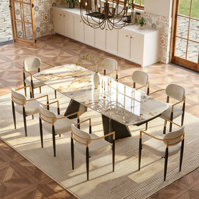 Extendable Sintered Stone Dining Table Set – Seats 6-10, Soft Cream Chairs with Gold Accents