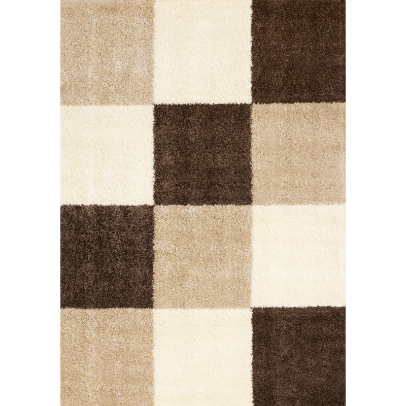 Neutral Brown Checkered Soft Shag Area Rug, Rectangle 7'10" x 10'6"