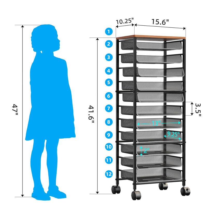 12-Tier Rolling File Cart With Sliding Trays - Wooden Top, Metal Mesh Storage For Office/Home