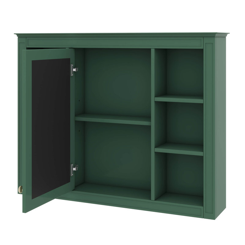 Armoire à pharmacie murale, armoire de rangement de salle de bain avec porte miroir et 6 tablettes ouvertes réglables, Vert