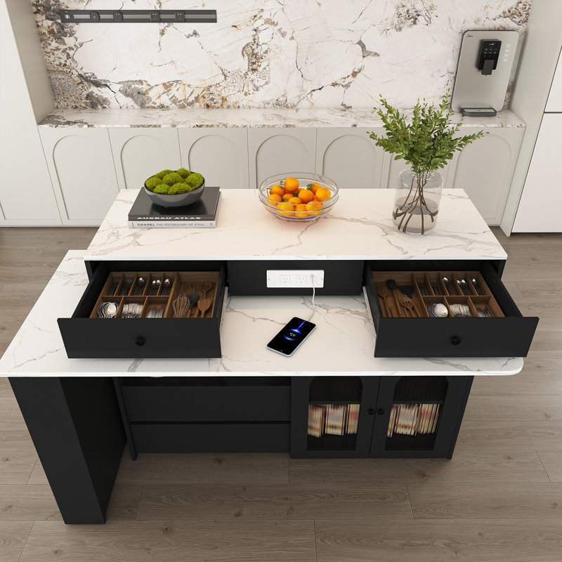  Îlot de cuisine avec table tournante extensible, poste de salle à manger extensible avec 4 tiroirs et prise de courant, noir
