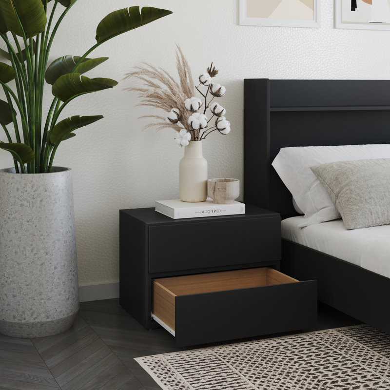 Ensemble de chambre à coucher avec lit plateforme flottant 3 pièces Keeso, Double, Noir, noir, noir, noir