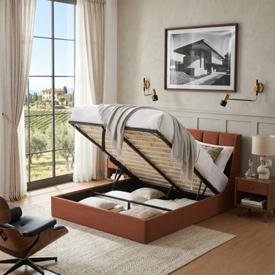 41.7" Velvet Curved Wingback Queen Bed Frame with Hydraulic Lift, No Box Spring Needed, Ocher