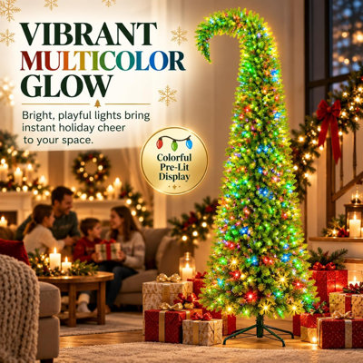 7.5FT Whimsical Christmas Tree, Crooked Bent Top Artificial Christmas Tree, Bendable PVC Elf Shape Prelit with 200 Timer Lights & 970 Branch Tips for Indoor Holiday Decor