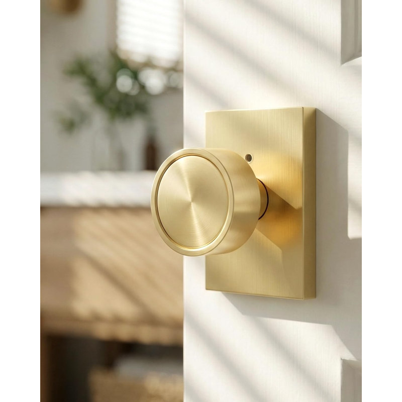 Gold Interior Door Knob, Zinc-Alloy Privacy Brushed Gold Door Knob Interior, Rectangular Brushed Brass Indoor DoorKnob for Bedroom, Bathroom, 1 Pack