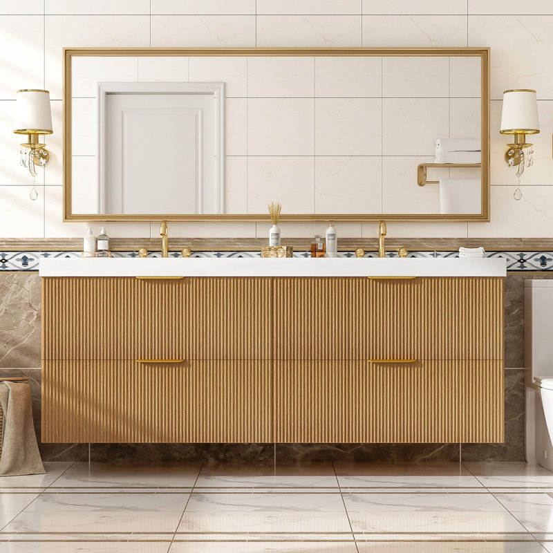 Meuble-lavabo double 59,3 po avec comptoir en bois franc, armoire en MDF peint, tiroirs à fermeture en douceur, meuble-lavabo mural moderne
