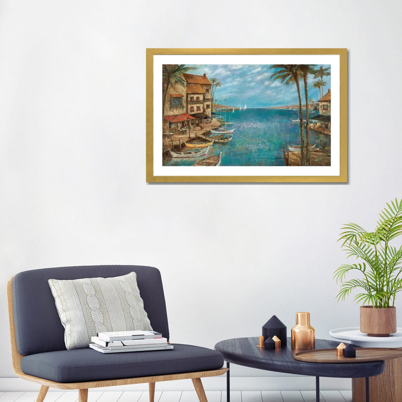 "Méditerranée splendeur" par Ruane Manning - reproduction d'art, Blanc, H 24 po x l 32 po x P 1 po, Papier encadré doré