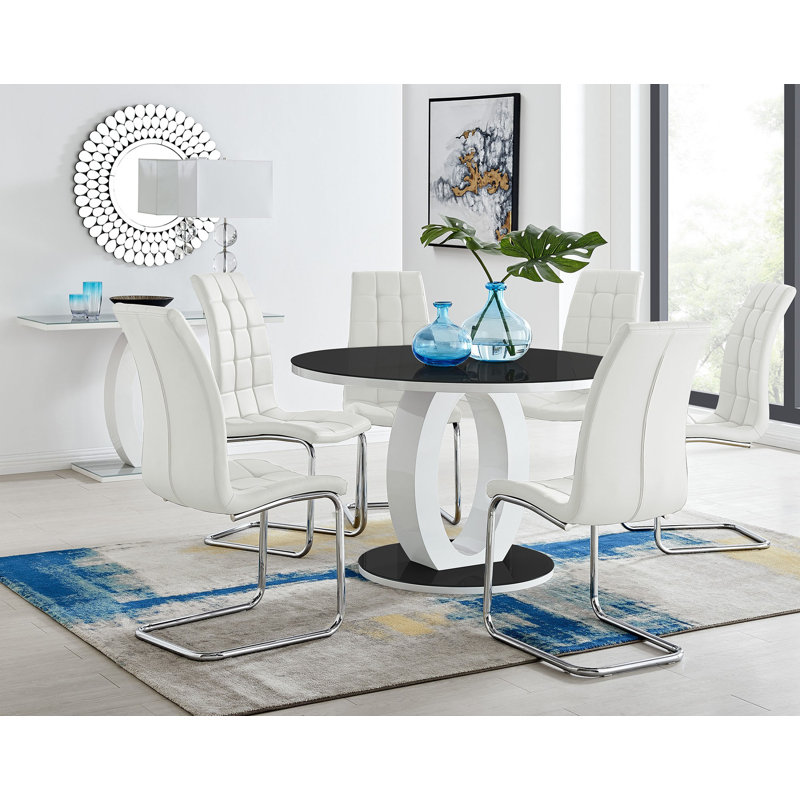 Scottsmoor Modern Halo Seat Round Dining Table Set - 6 Upholstered Faux Leather Dining Chairs, Grey, White
