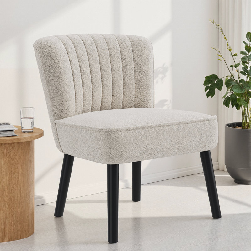 Chaise rembourrée Shellback Boucle - Élégante chaise d'appoint avec pieds en bois massif, Blanc