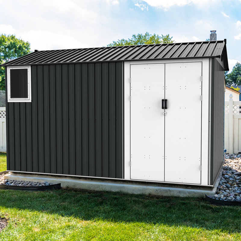 Metal 8x12 Ft Shed With Stable Construction & Air Vents - Dark Grey Outdoor Storage Window, Floor Base