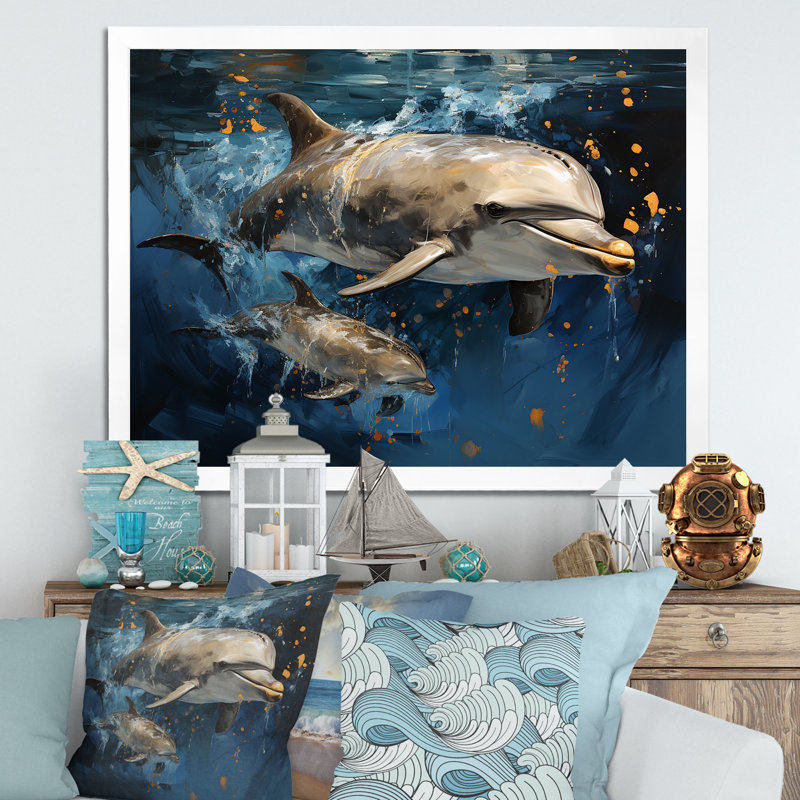 Dauphins dansants - animaux, art des dauphins, Cadre doré à coins fermés, H 34 po x l 44 po x P 1,5 po