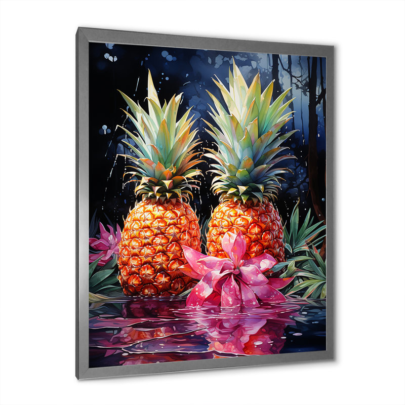 Nectar néon ananas sur toile, Cadre photo argenté, H 32 po x l 16 po x P 1 po