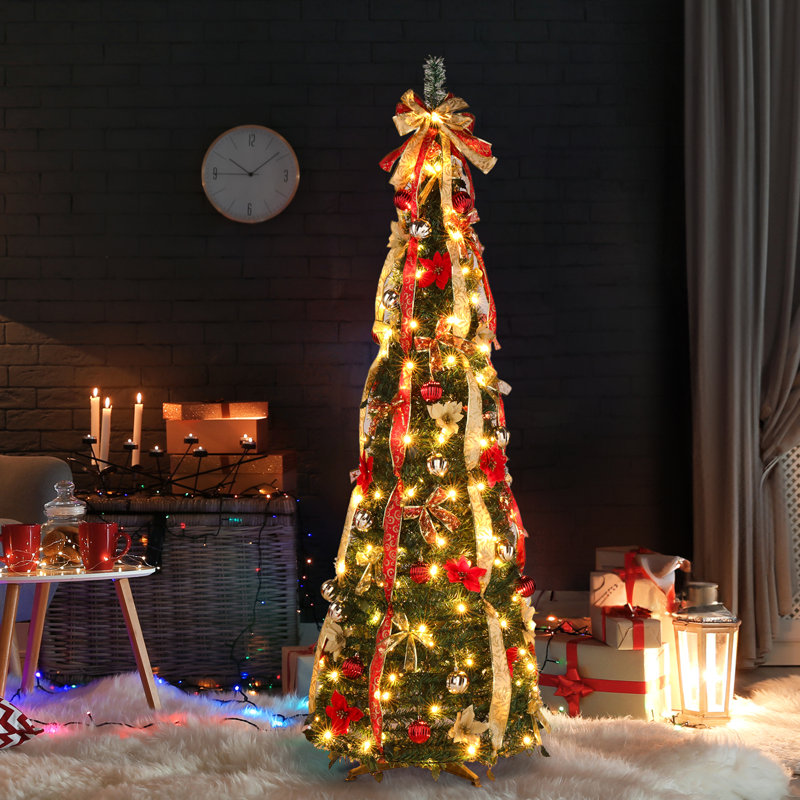 Arbre de Noël artificiel pré-éclairé or rouge 6 pi avec 150 lumières DEL blanc chaud et 8 modes de conception pliable à télécommande pour la décoration intérieure des Fêtes