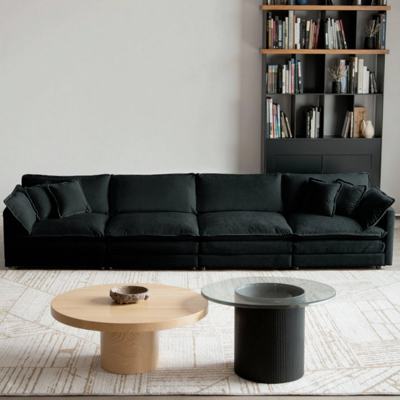Canapé de style Mid-Century rembourré en chenille avec 5 coussins décoratifs, conception modulaire pour le salon, 4, Noir