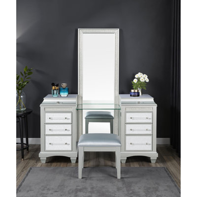 Tabouret de coiffeuse gris, station de maquillage en bois de peuplier, tiroirs supérieurs doublés de feutre, poignées en acrylique, tissu strass cristal, miroir à DEL, glissières à roulement, prise de courant pour le style de la chambre à coucher et le tabouret,