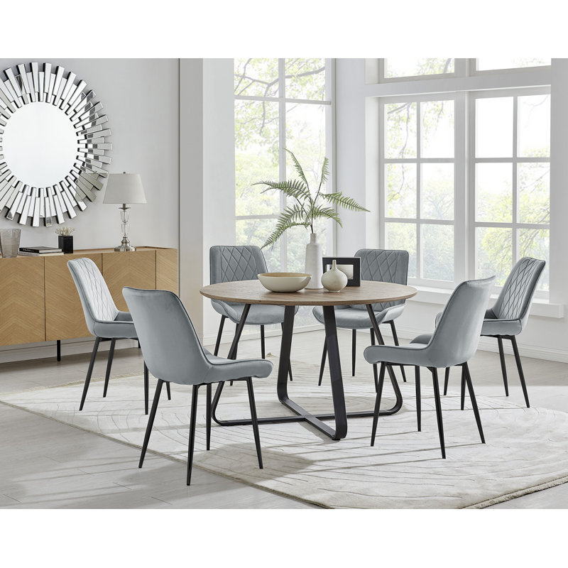 Sandy Classic Wood Effect & Metal Dining Table Set with 6 Luxury Velvet Dining Chairs, Grey/Black